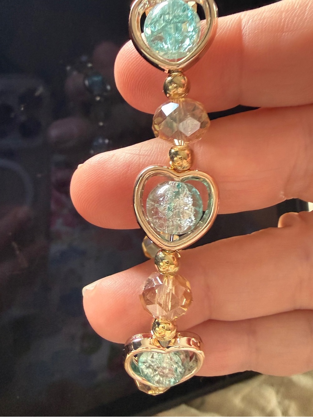Gold Heart Bracelet with Aqua Crackle Glass Beads